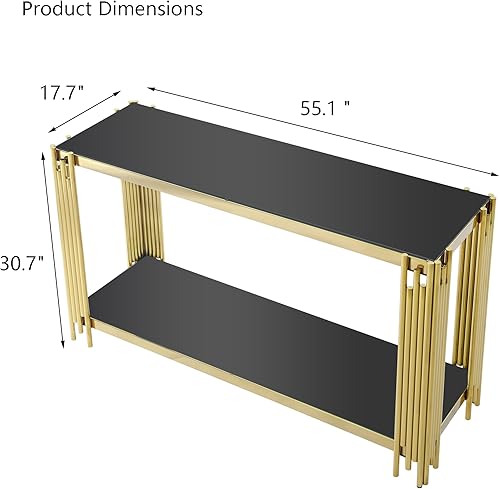 Miniatura 2 de Henf Mesa consola de vidrio de 55 pulgadas, modernas mesas de entrada de vidrio negro, mesa de sofá de lujo de 2 niveles con parte superior de