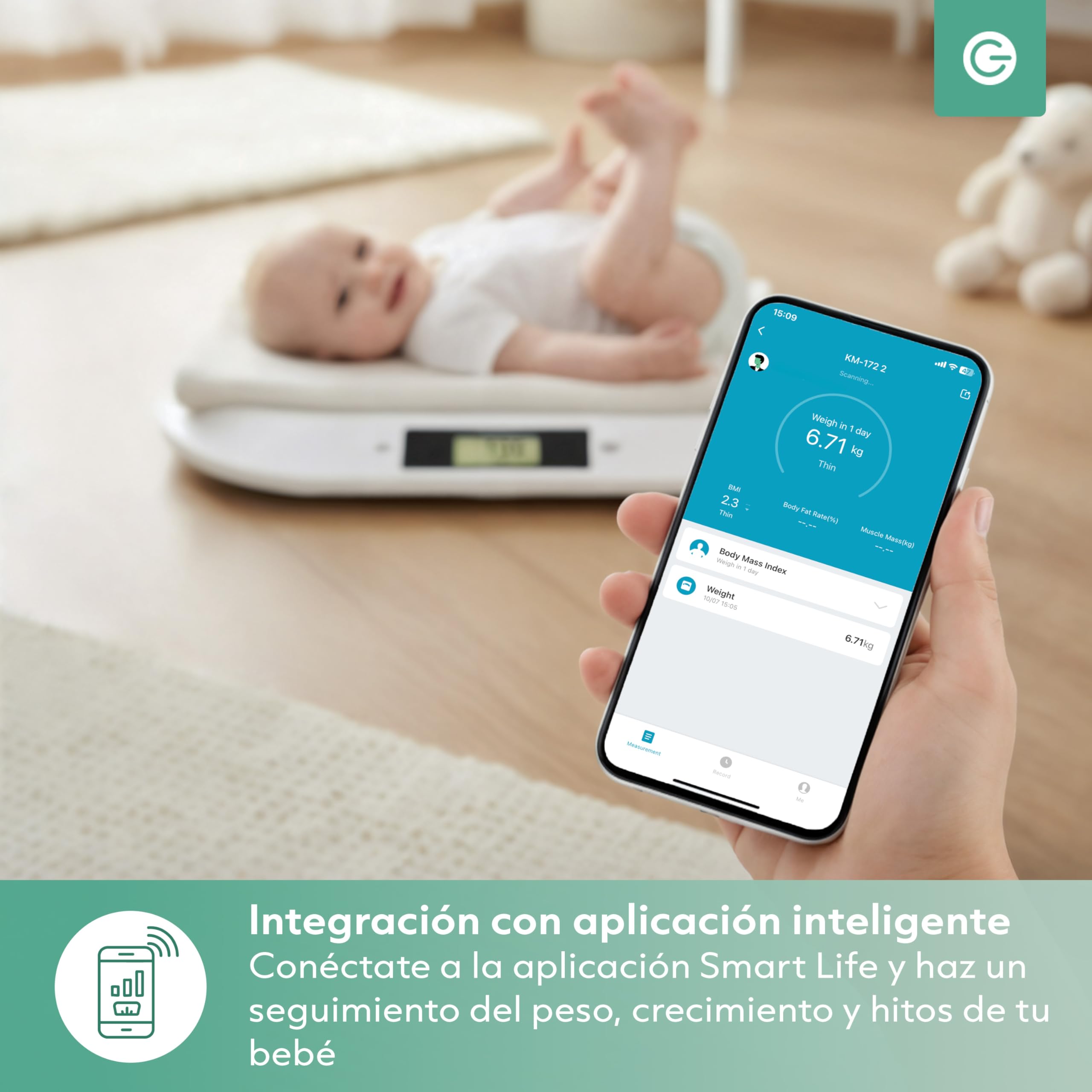 Silvergear® Báscula Bebé Inteligente con Bluetooth | Báscula Digital con App para Recién Nacidos Niños y Mascotas | Medición Precisa hasta 20 kg | Smart Life App | 54.5×31.5×2.7CM Blanco