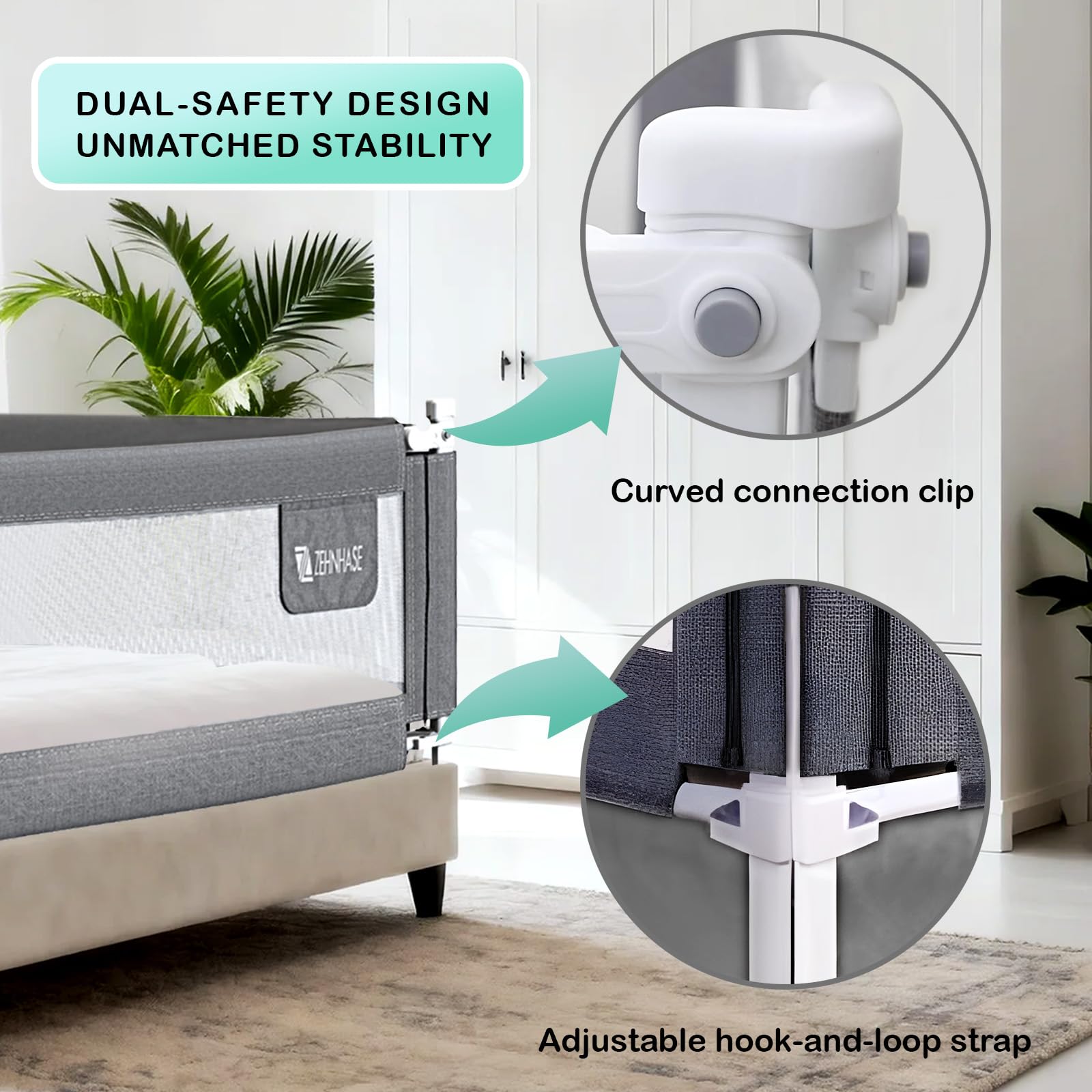 ZAHNHASE Barriera Letto Bambini Viaggio Guardrail sicurezza/protezione removibile per letto bambino - 180cm,Grigio,1pc