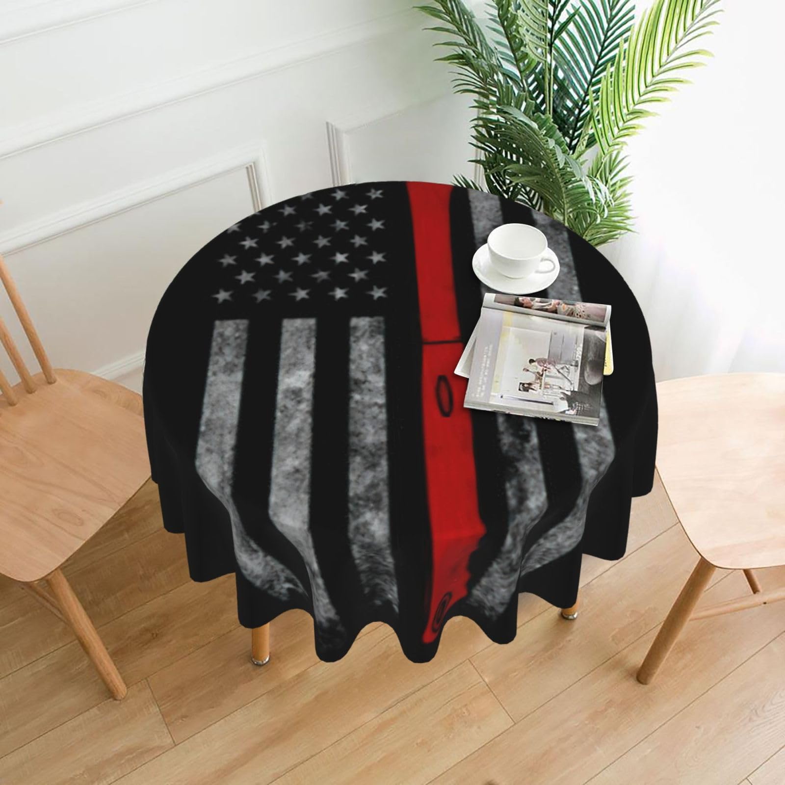 Zcmkjlg Firefighter Axe Red Line Flag Print Quick Ship Round Tablecloth 60in Polyester Washable Cover for Dining Room