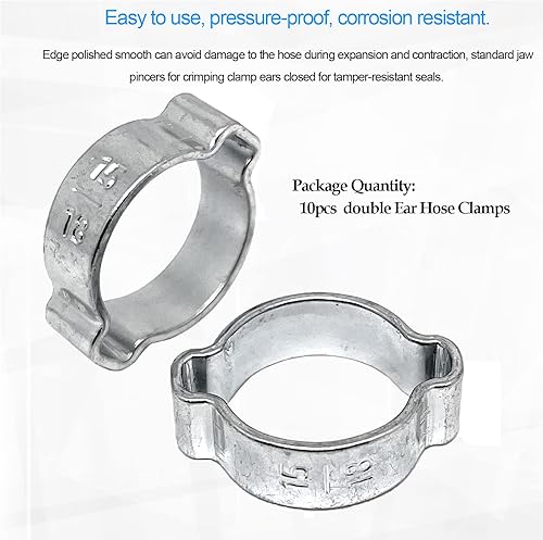 Miniatura 2 de 10 clips de manguera de oreja ajustables de 0.59 a 0.71 pulgadas, abrazadera de manguera de dos orejas, abrazaderas de manguera de doble oreja de