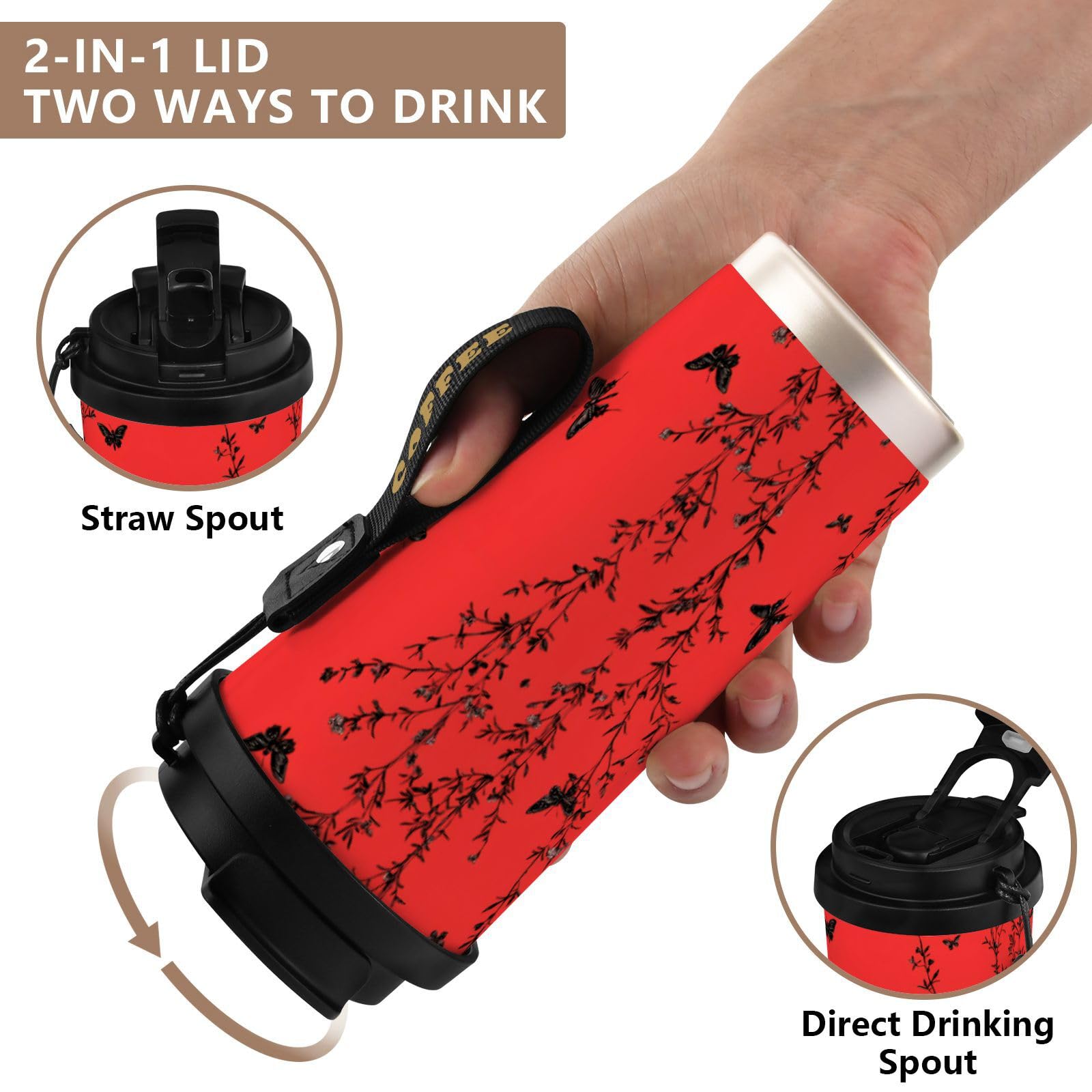 linqin Taza de café de viaje con diseño de mariposas negras y plantas, taza térmica de acero inoxidable para frío y calor, 481.9 g, a prueba de fugas