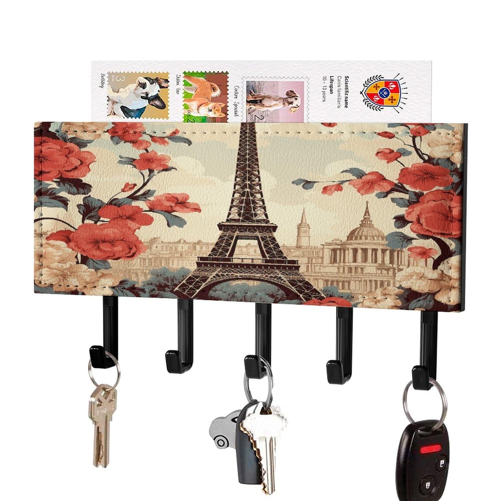 VstaDank Paris Vintage Floral Key Holder for Wall Decorative Mail Organizer Wall Mount with 5 Hooks Easy Installation Key Rack PU Adhesive Keys Rack for Entryway Door Bathroom Kitchen