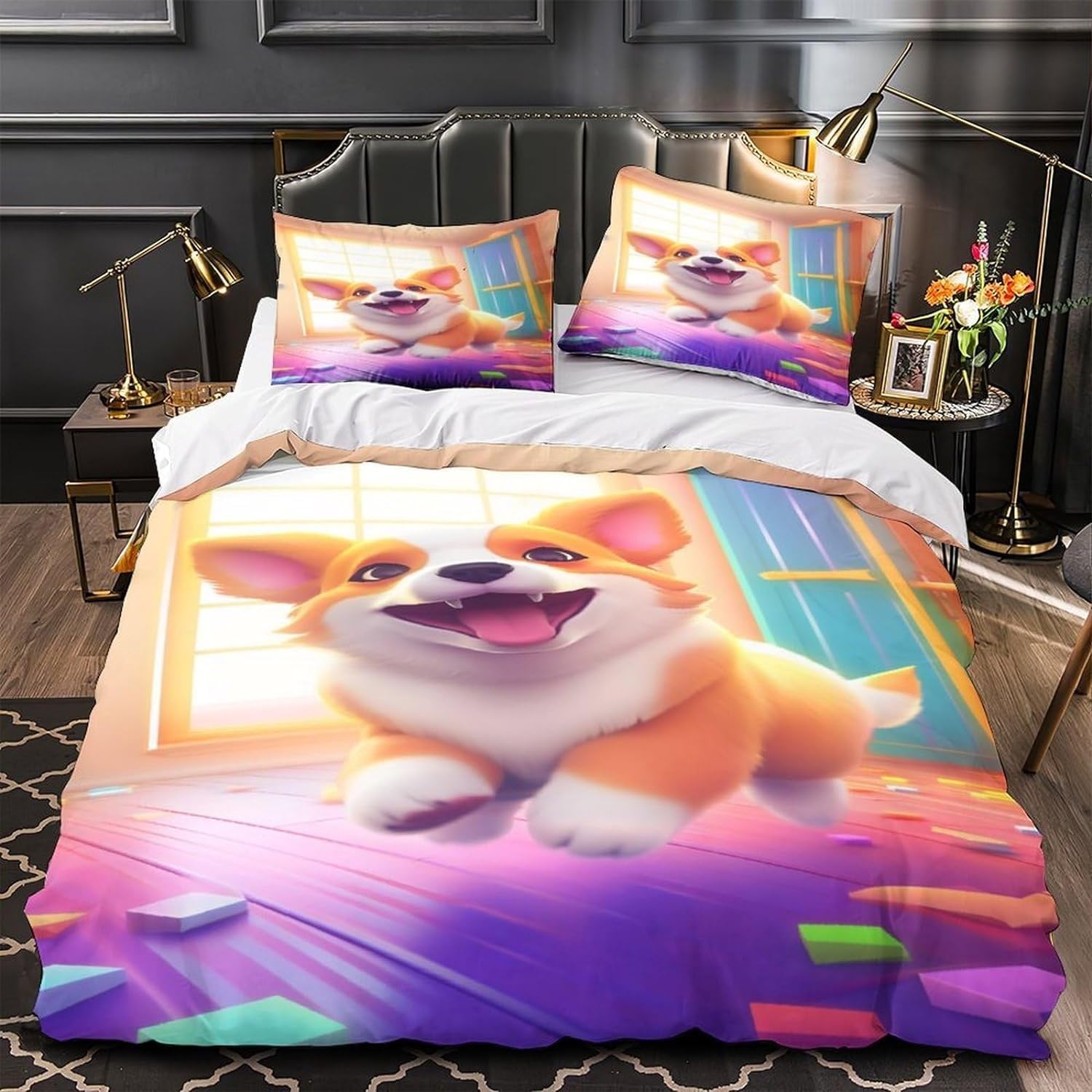 Housses de couettes imprimé corgi 200x200 lavable facilement pour lit double