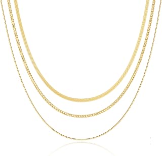 Women's Layered Necklace Set - 3 Piece Dainty Gold Jewelry for Everyday Stacking | 14K Gold Plated Snake Chain, Rope Chain, Cuban Chain | Adjustable Length 14-18.5 Inch | Gift Ready