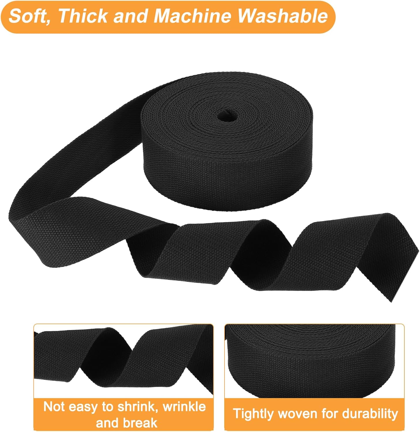HARFINGTON Cotton Webbing 2 Inch 15.3 Yard Polyester Cotton Weave Webbing Strap Twill Tape Ribbon for Arts and Crafts Webbing Tote Bag Handles Cloth Belt Making Outdoor Supplies, Black