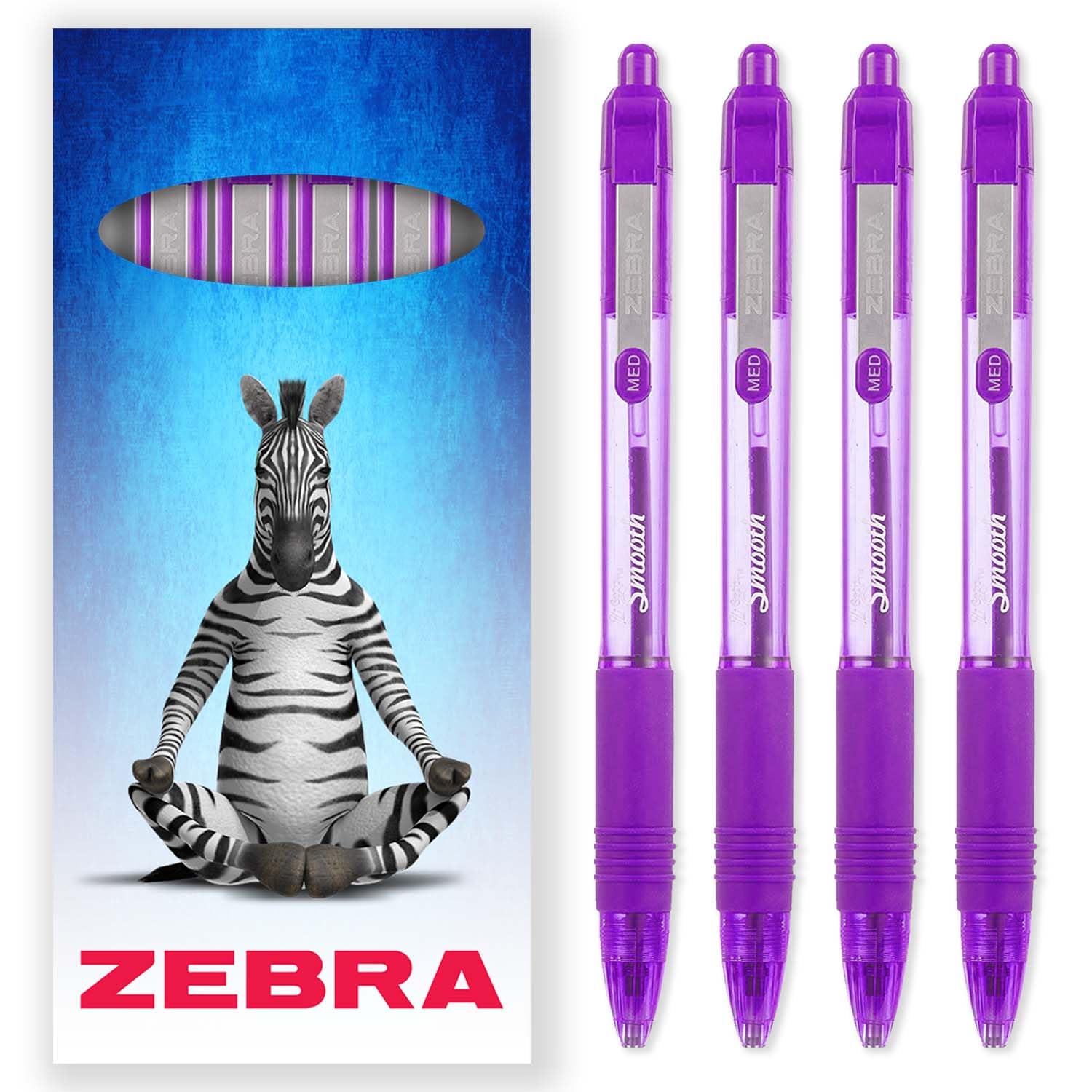 Zebra Z-Grip Smooth Ink Retractable Ballpoint Pen - 1.0mm Nib - Pack of 4 Pens - In Gift Box Packaging - Violet