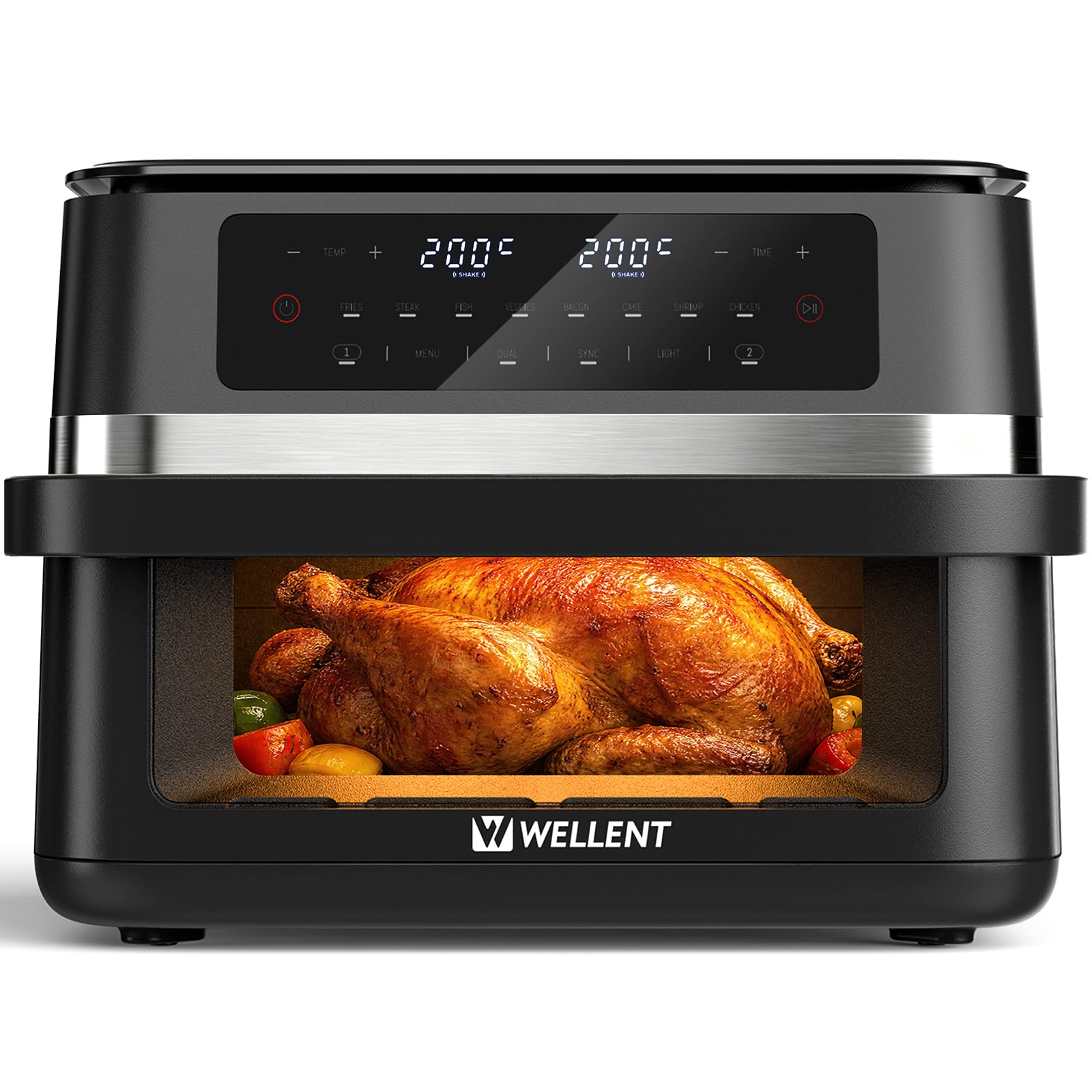 WELLENT 12L XXL Heißluftfritteuse 2950W, 8-in-1 Airfryer 2 Kammern(6+6L), Heissluftfritteuse Doppelkammer mit Sichtfenster, Match & Sync-Funktion, Schüttel-Erinnerung, Spülmaschinenfestmit