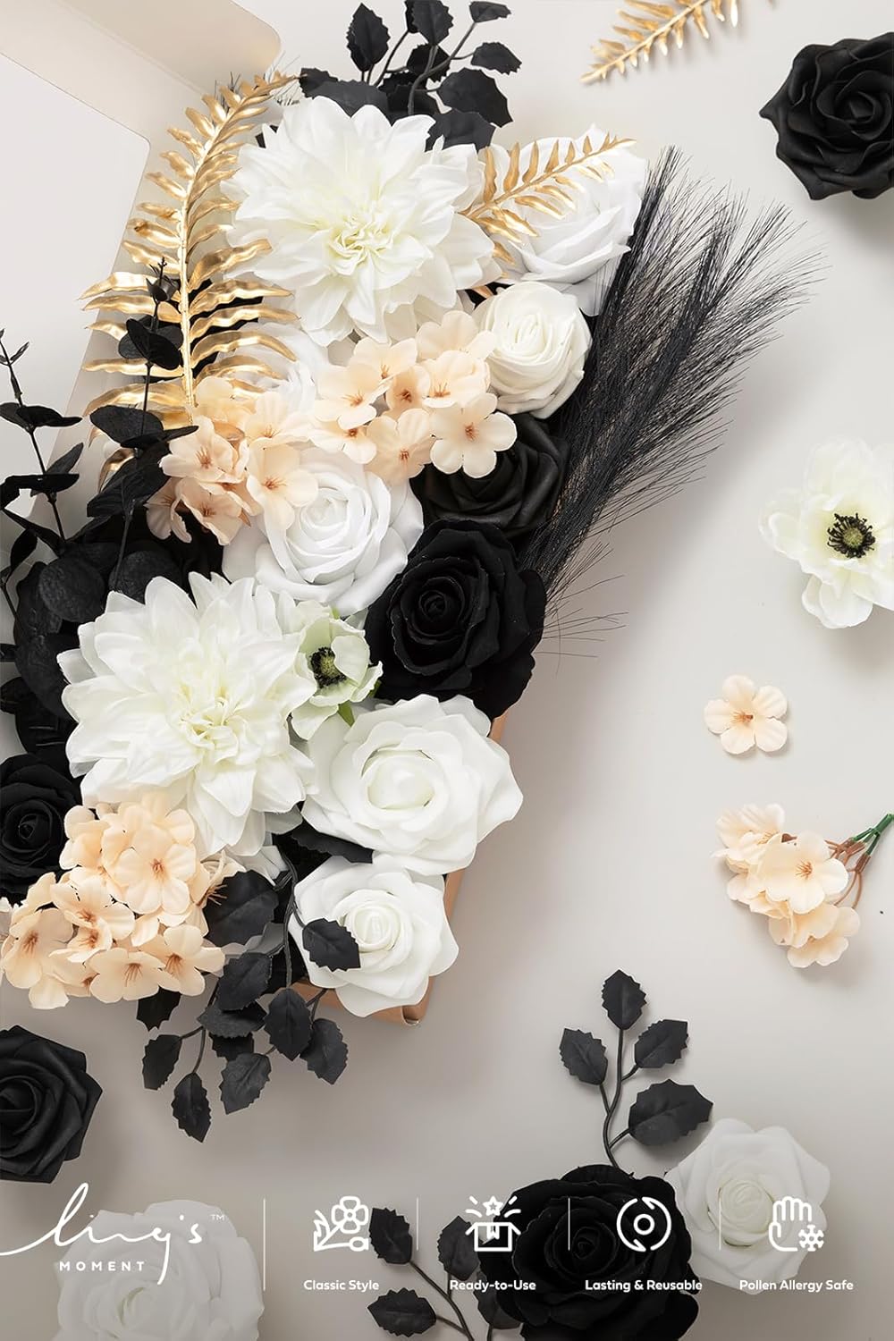 Ling's moment Fake Flowers Box, Faux Artificial Greenery Stems Foam Roses Silk Dahlia Hydrangea Eucalyptus Fabic Flower for Centerpieces Bouquet Wedding Vase, White & Black & Golden, Deluxe Combo