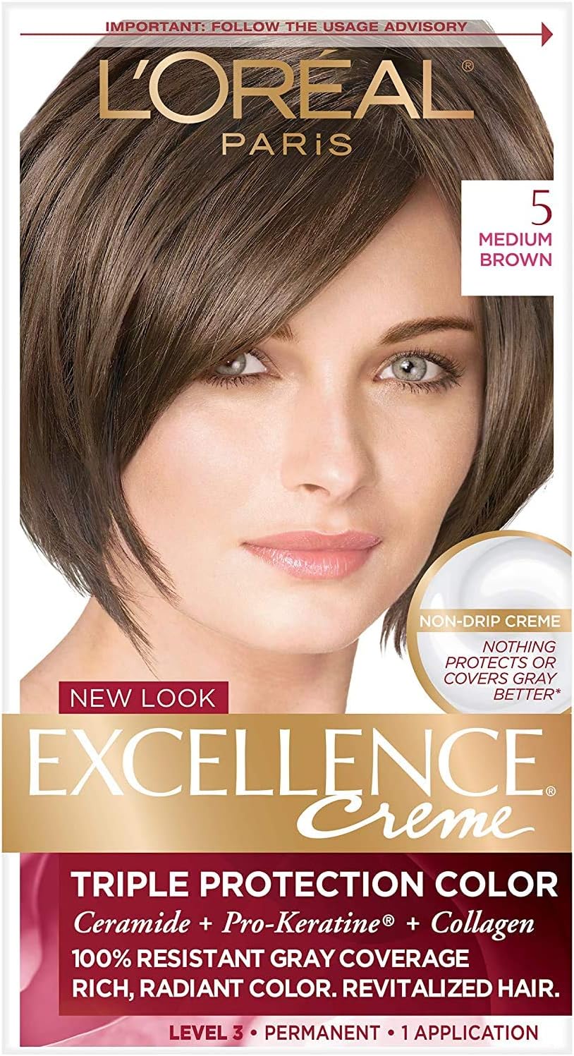 L'Oreal Paris Excellence Creme Permanent Hair Color, 5 Medium Brown, 100 percent Gray Coverage Hair Dye, Pack of 1