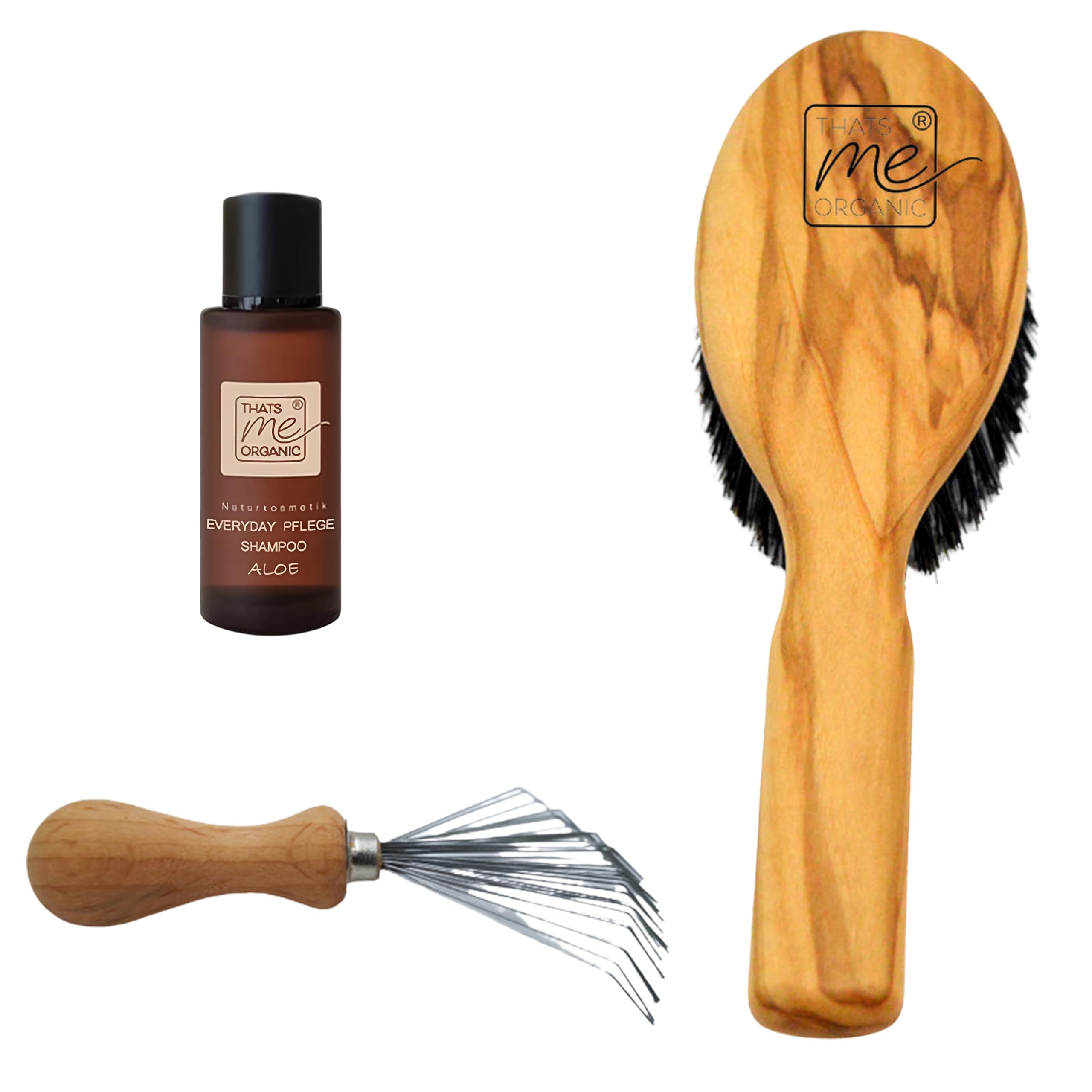 Thats me organic Spar Set Profi Haarbürste "Die Mediterrane" + Bürstenreiniger + 20 ml Pflege-Shampoo – Sleek Bun Bürste aus Wildschweinborsten, Haarbürstenreiniger und mildes Shampoo