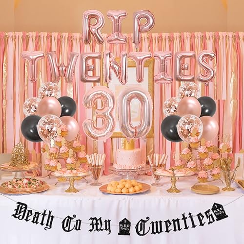 Miniatura 6 de Rip Twenties - Decoración de fiesta de cumpleaños número 30 para mujer, guirnalda de globos de oro negro y rosa de la muerte a mis veinte, tira de