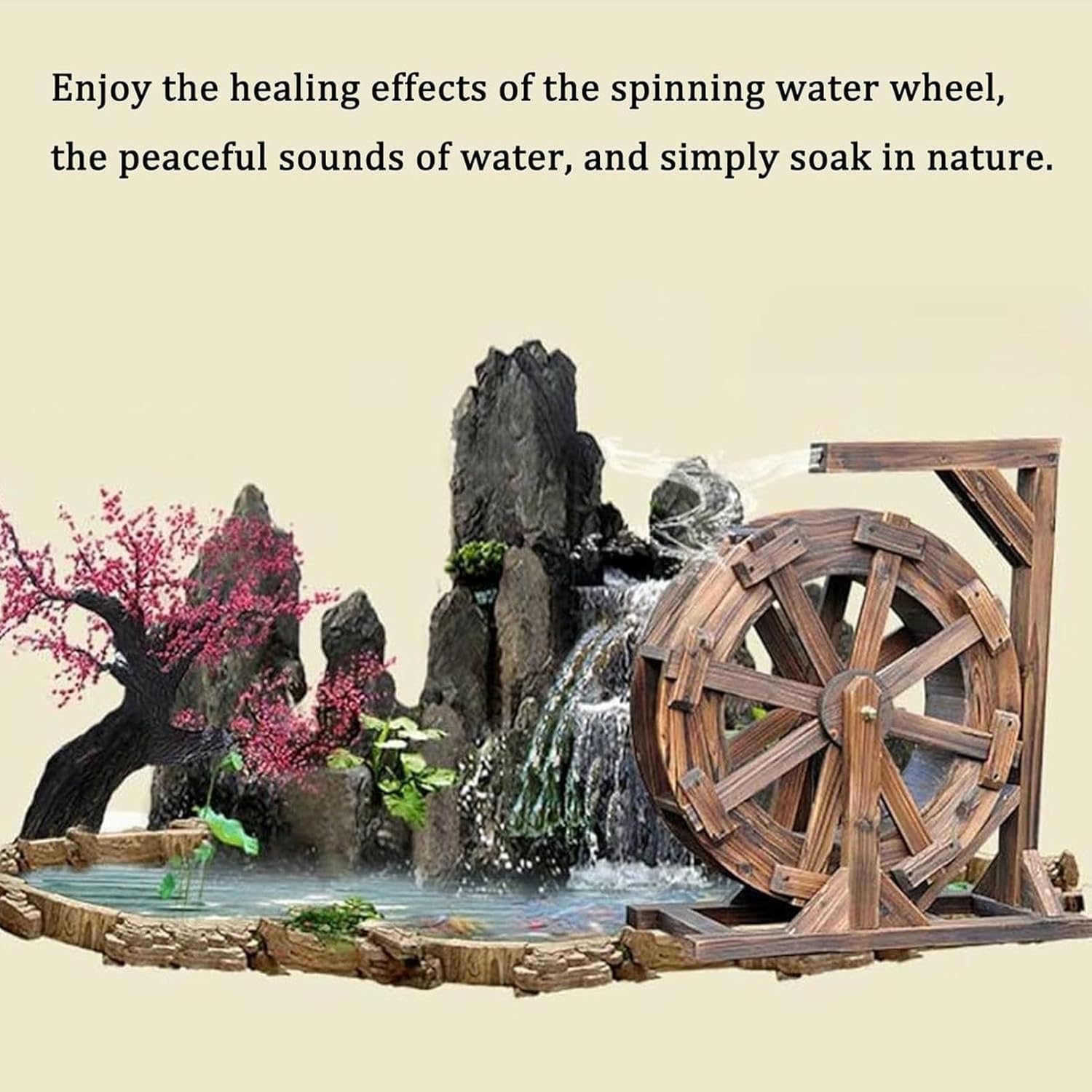 Water Wheel Fountain, Wheel Waterfall Wooden, Outdoor Waterwheel Runner Running Waters, Vintage Rustic Ornamental Pond