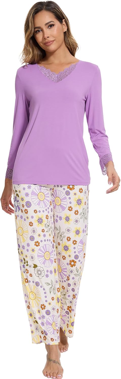 WiWi Bamboo Viscose Pajamas Sets for Women Lace Trim Long Sleeve Sleepwear Lounge Sets Plus Size Pjs with pockets S-4X - Image 2