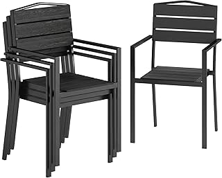 Outsunny Gartenstühle 4er Set Stapelbare Terrassenstühle mit Lamelldesign Armlehnen, wetterfest Balkonstühle 120 kg Belastbar Stapelstühle für Garten, Balkon Terrasse 52 x 51 x 90 cm Schwarz