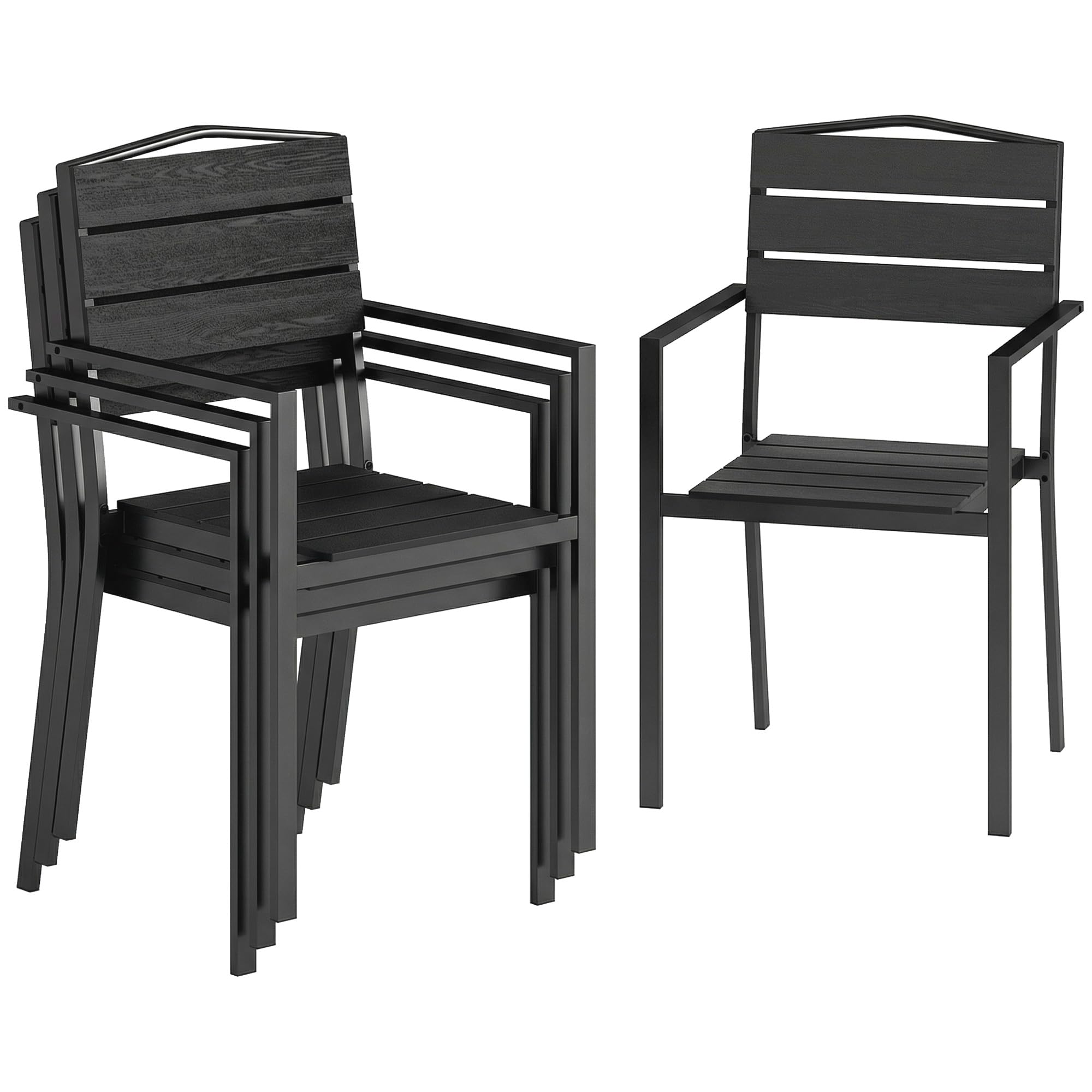Outsunny Juego de 4 Sillas de Jardín Exterior Apilables, Sillas Terraza Exterior con Reposabrazos, Asiento y Respaldo de HDPE con Listones, Estructura Metálica Resistente, 52x51x90 cm, Negro