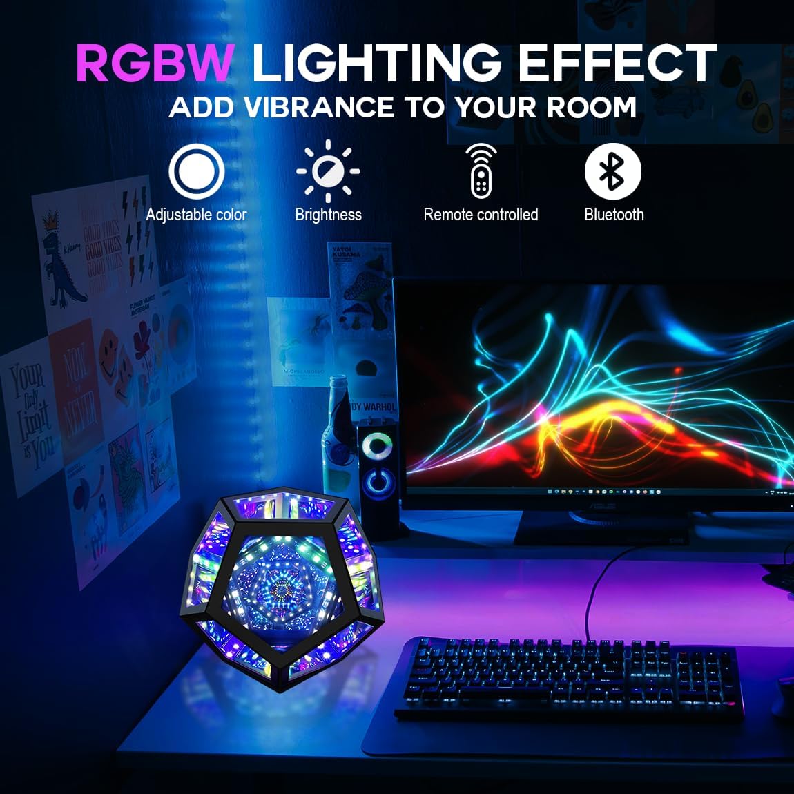 Lumoonosity Infinity Mirror Light - Dodecahedron Light for USB Powered - Infinity Lamp for Customizable Color Changing - Dodecahedron Lamp with Music Sync with Timer Function