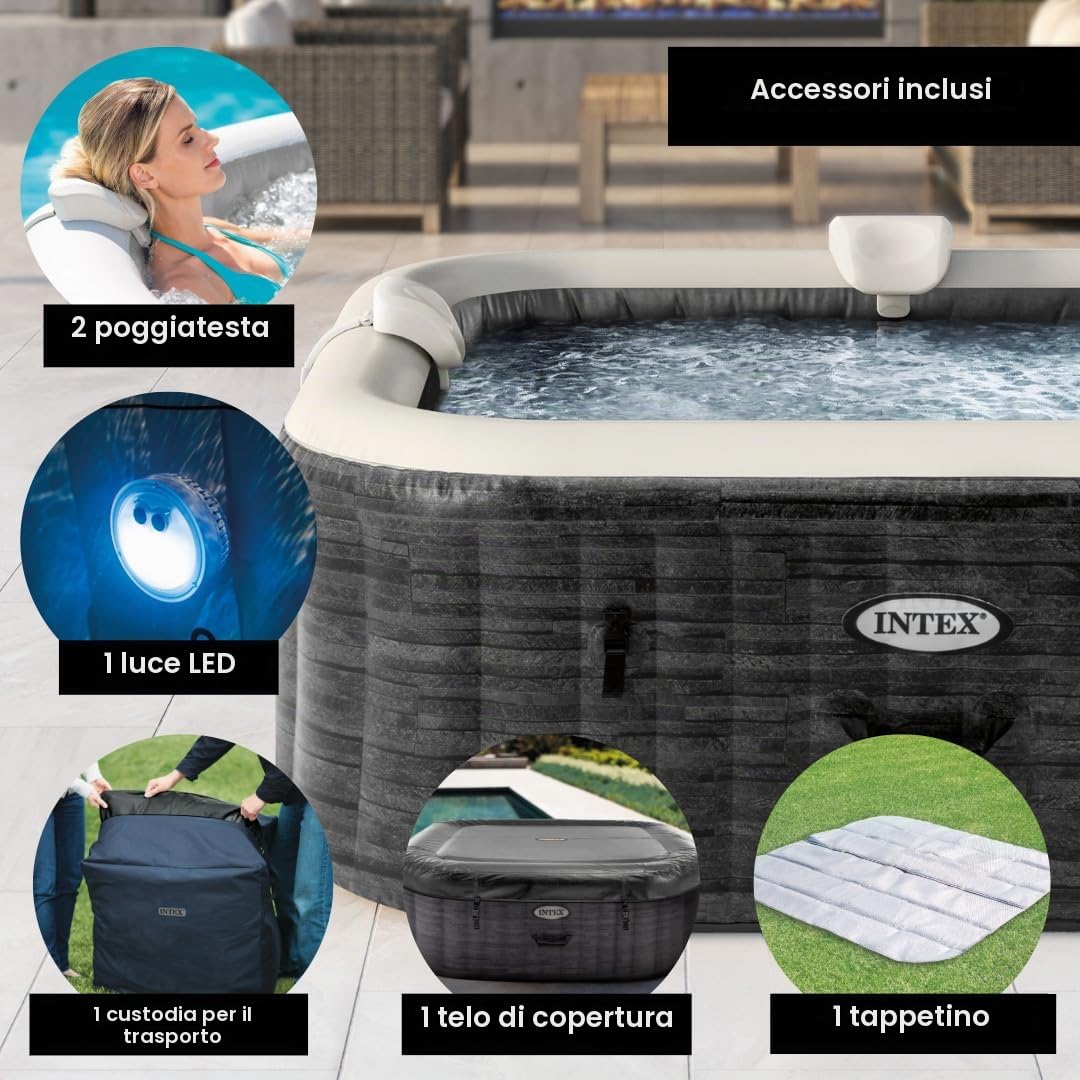 Intex 28452EX - PureSpa Vasca Idromassaggio Greystone Deluxe Quadrata, 6 posti, 170 Getti, Riscaldatore, PVC, Grigio, 195x195x71 cm