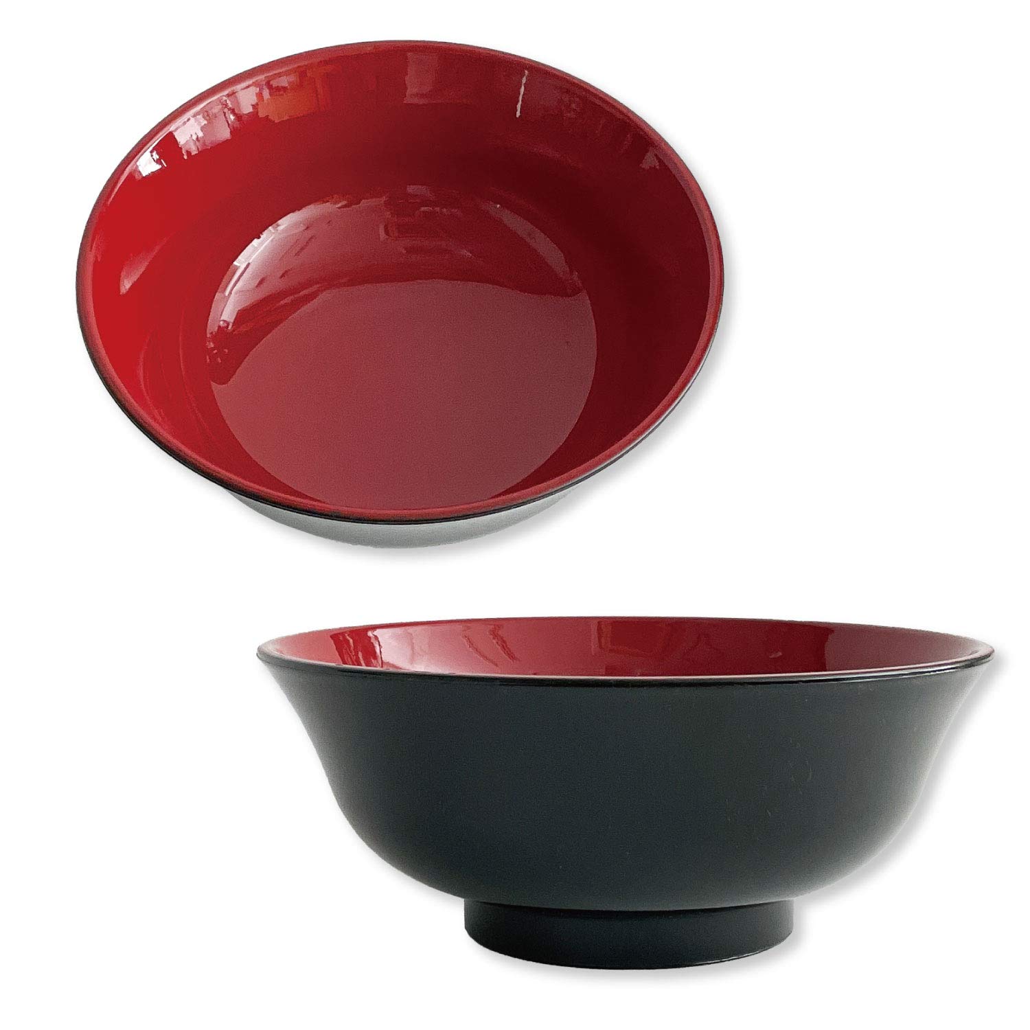 Durable Ramen Bowl 2 pcs set, 7.4" x 3" 33.8oz, Black and Red Plastic Ramen Bowls, Japanese Style, for Udon Ramens Pho Thai Miso Tonkotsu Soup Noodles, Asian Foods, Made in Japan (2 pcs)