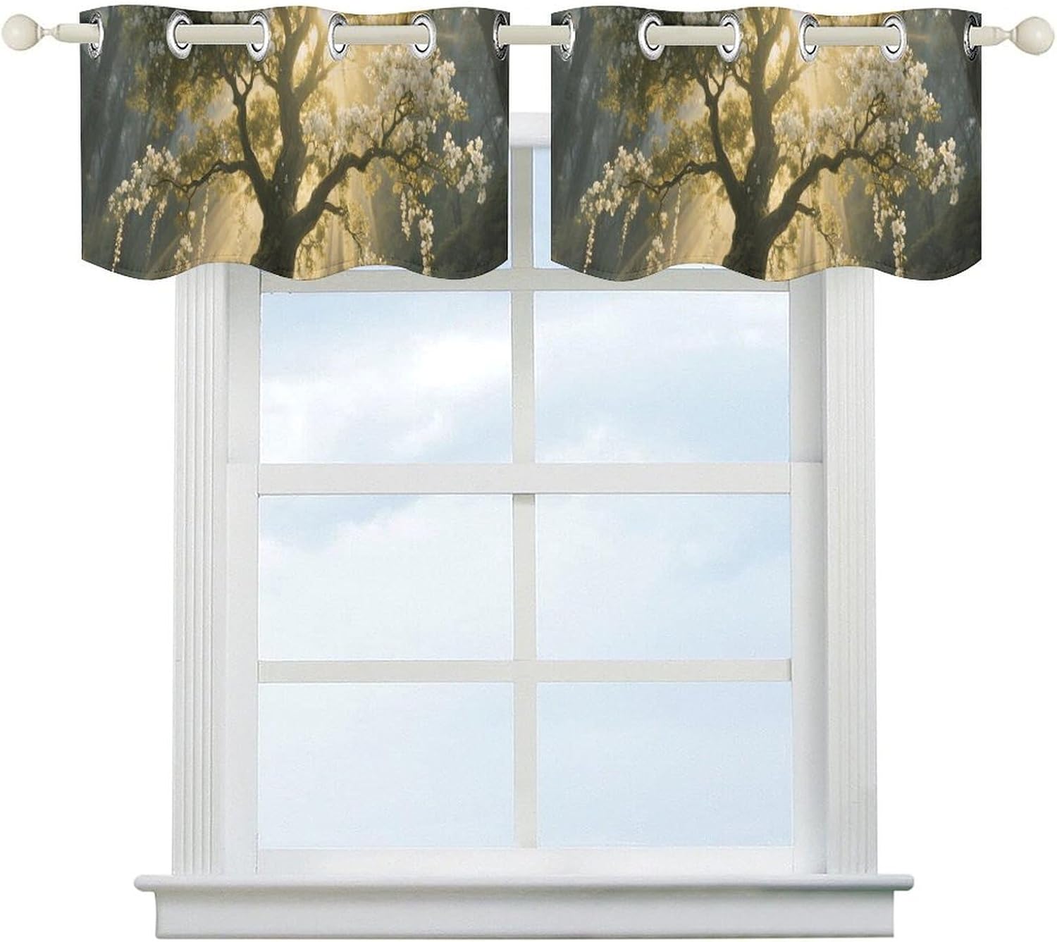 White Flowers Tree of Life Valance for Windows, 2 Pack Kitchen Curtains Modern Home Decor, Soft Blackout Window Curtains for Living Room & Bedroom, 18 X 52 Inch