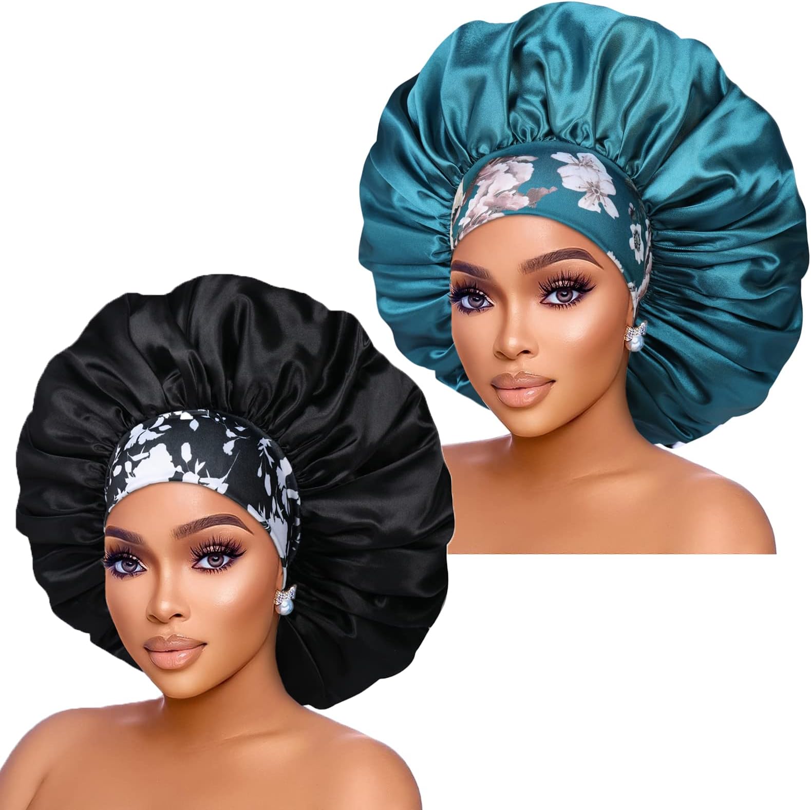 Silk Satin Bonnet Hair Cap: 2pcs 17inch Diameter Extra Large Jumbo Sleeping Satin Bonnets with Comfortable Flower Band - High Density Satin Bonnets for Women Braids Curly Night Cap (Black & Teal)