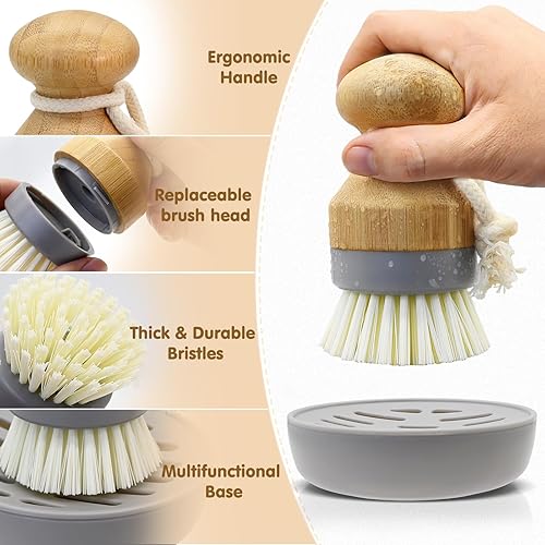 Miniatura 6 de Cepillo de palma de bambú con soporte, paquete de 2 cepillos de limpieza reemplazables de madera RIMAY para lavar platos, juego de utensilios de