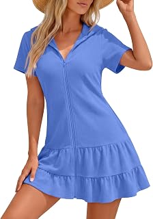 Xaatren Terry Cloth Swim Cover up Women Swimsuit | Beach, Hooded Zipper, Short Sleeve, Ruffle Hem, Swim Robe, Summer Towel Dress, Vacation, Holiday, Bath Shower
