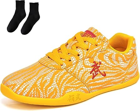 Martial Arts Shoes Women Tai Chi Sneakers Men Kung Fu Training Shoes Breathable Taekwondo Karate Shoe Leather with SocksSize36EU/230mm,ColorYellow