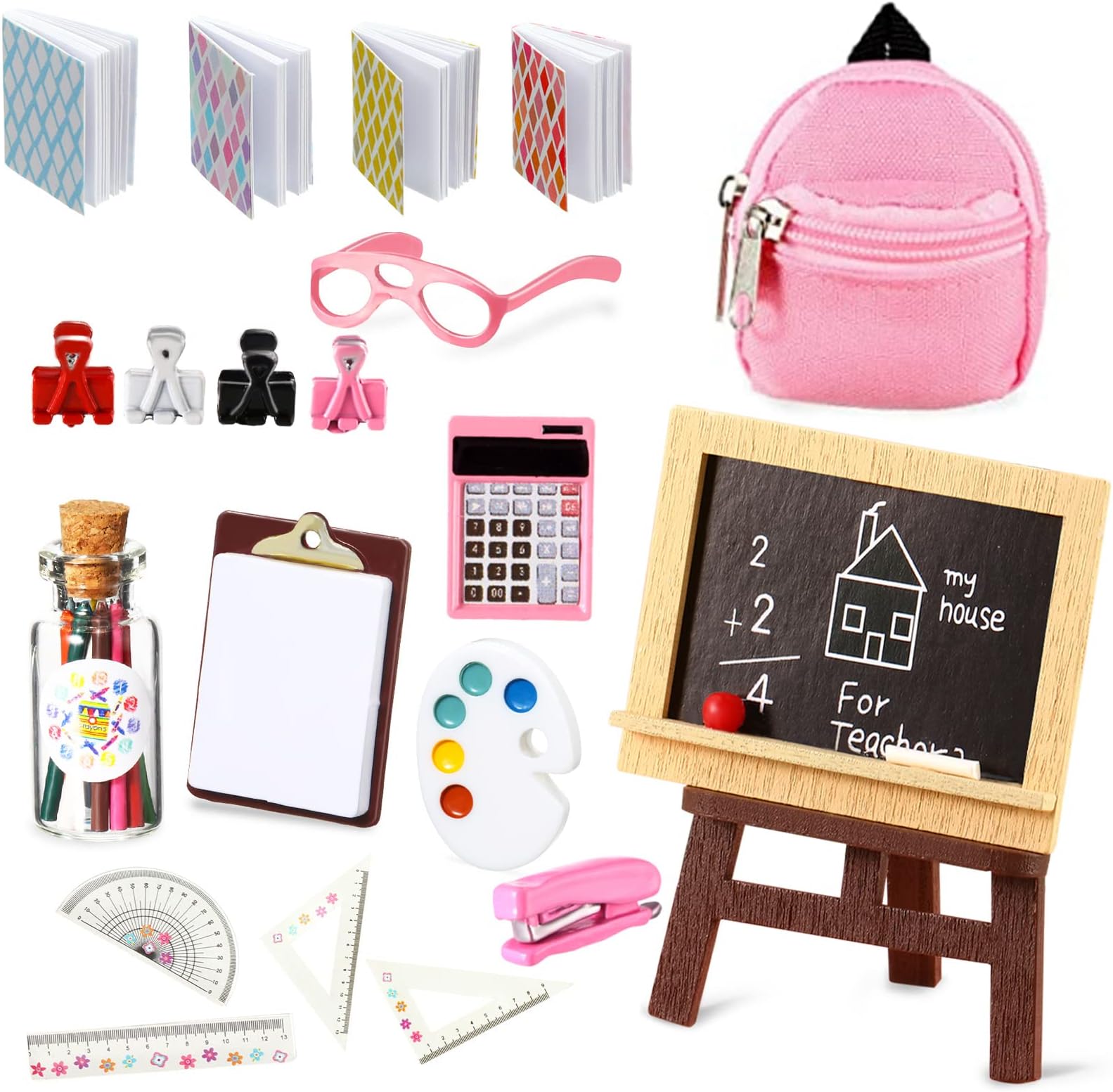 Civaner 18 Piece Mini School Supplies for Dolls, Doll House School Supplies Accessories Includes Backpack Glasses Blackboard Mini Book Palette Paper Clipboard Clamp Ruler Scissors Calculator Set