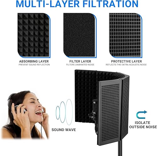 Miniatura 3 de Topnaca Escudo de aislamiento de micrófono, protector de micrófono plegable profesional de 5 paneles, espuma absorbente de alta densidad para