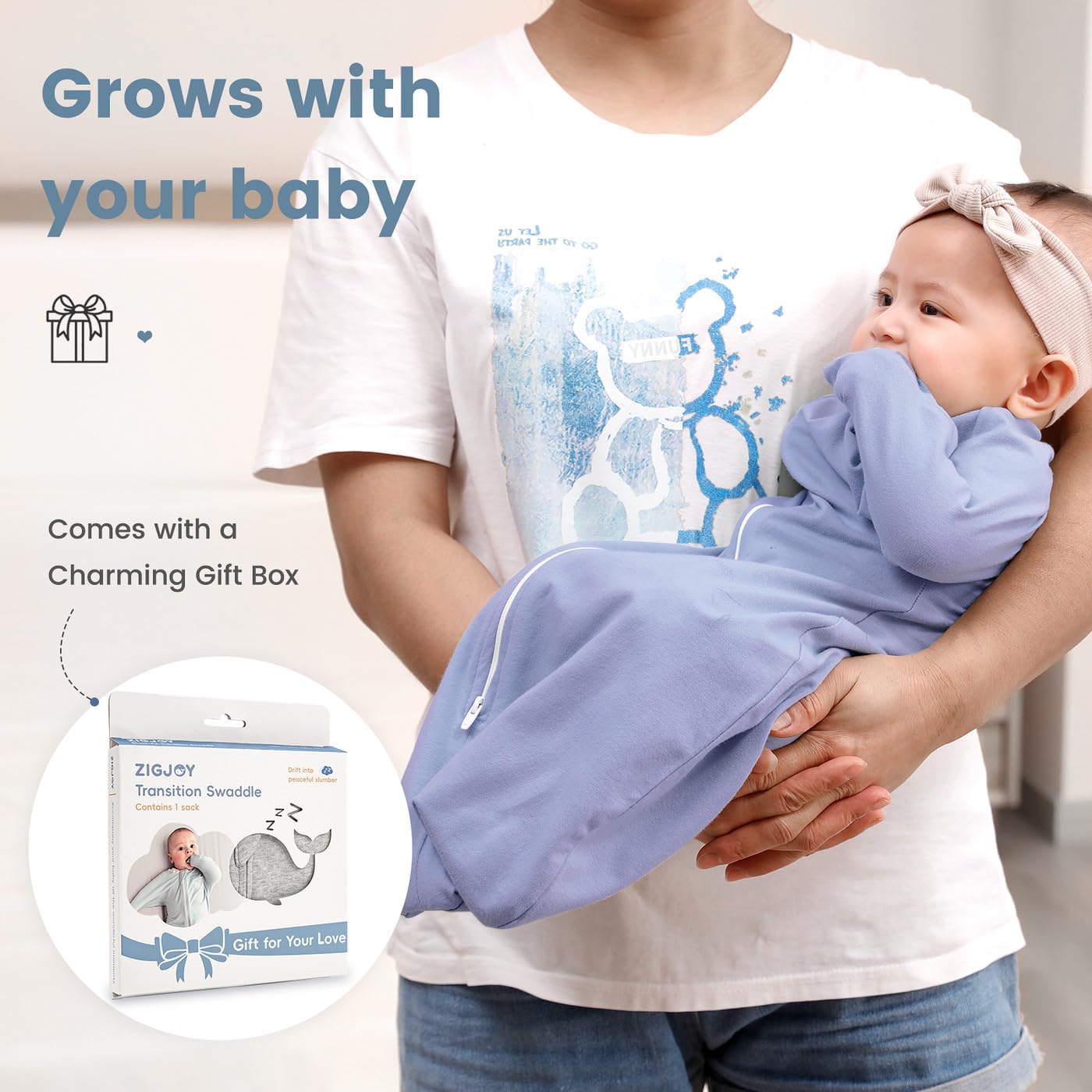 ZIGJOY Baby Transitional Swaddles for Newborns: 0.5 Tog Arms Up Sleep Sack 3-6-12 Months Soft Cotton Shark Fin 2 Way Zipper - Image 6