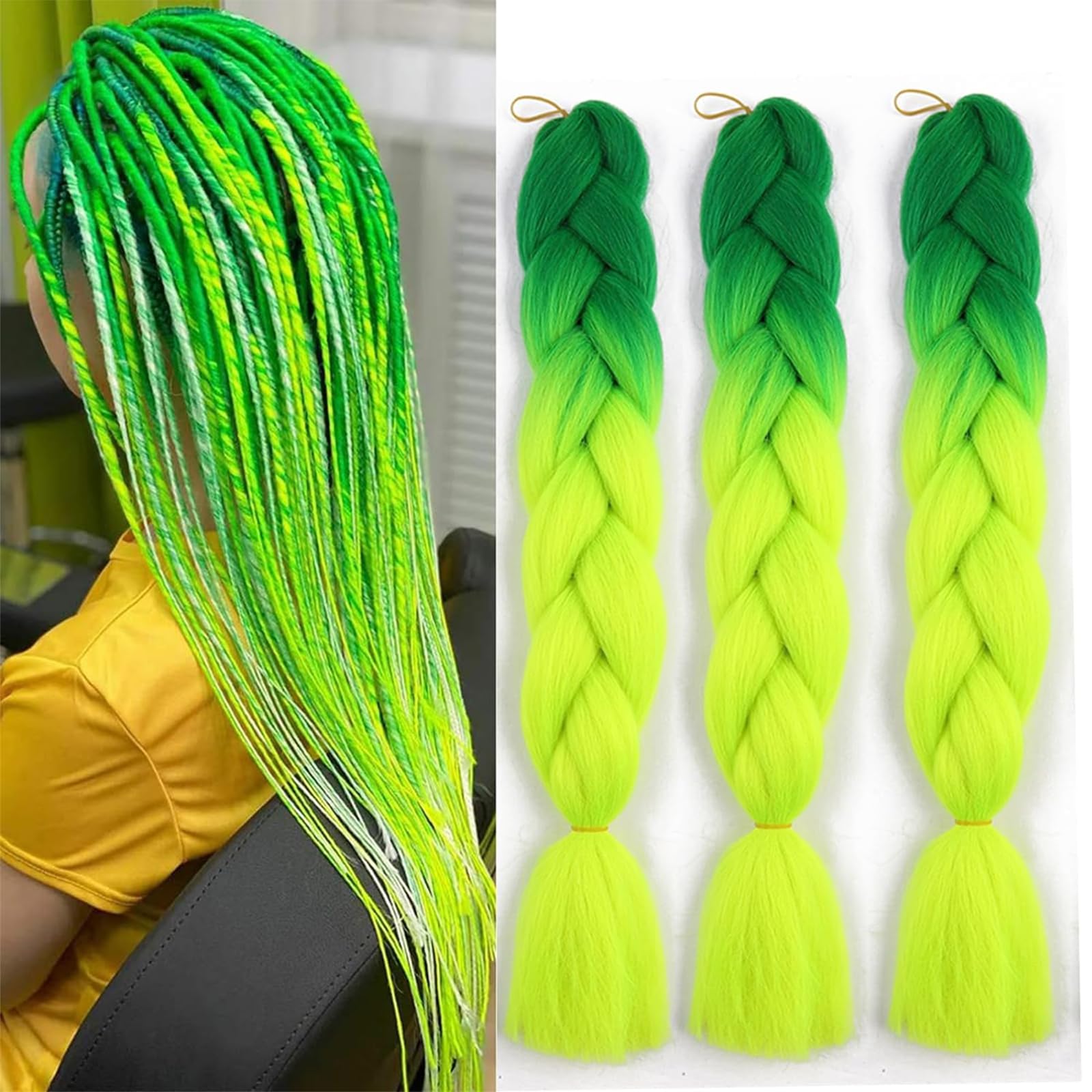 Extensiones para trenzas africanas sintético trenzado africano de cabello trenzado Braiding Jumbo Braid (verde oscuro a amarillo verde/B43, 24 pulgadas)