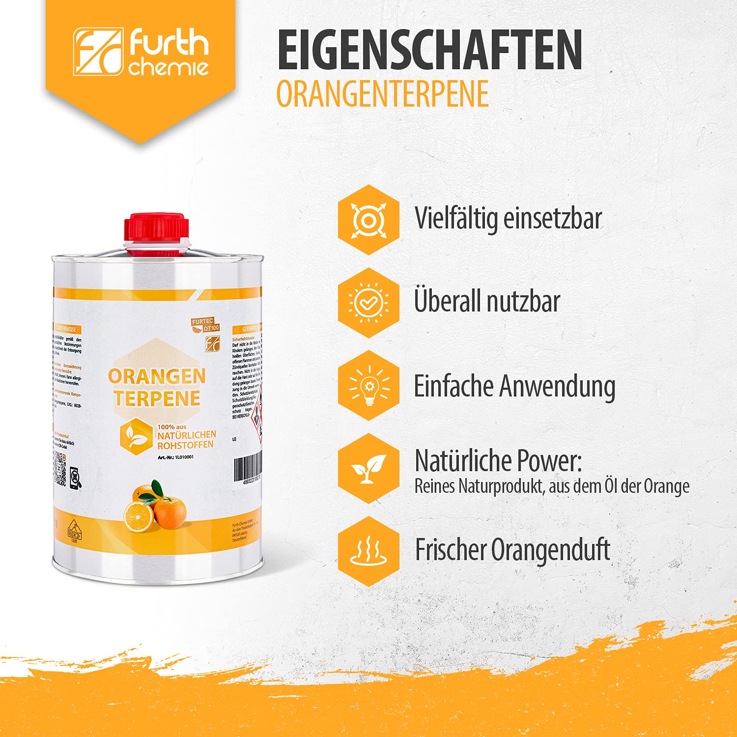 Orangenterpene (100%), 1 L | Klebereste Entferner, Etikettenlöser, Orangenreiniger Konzentrat, Terpentinersatz