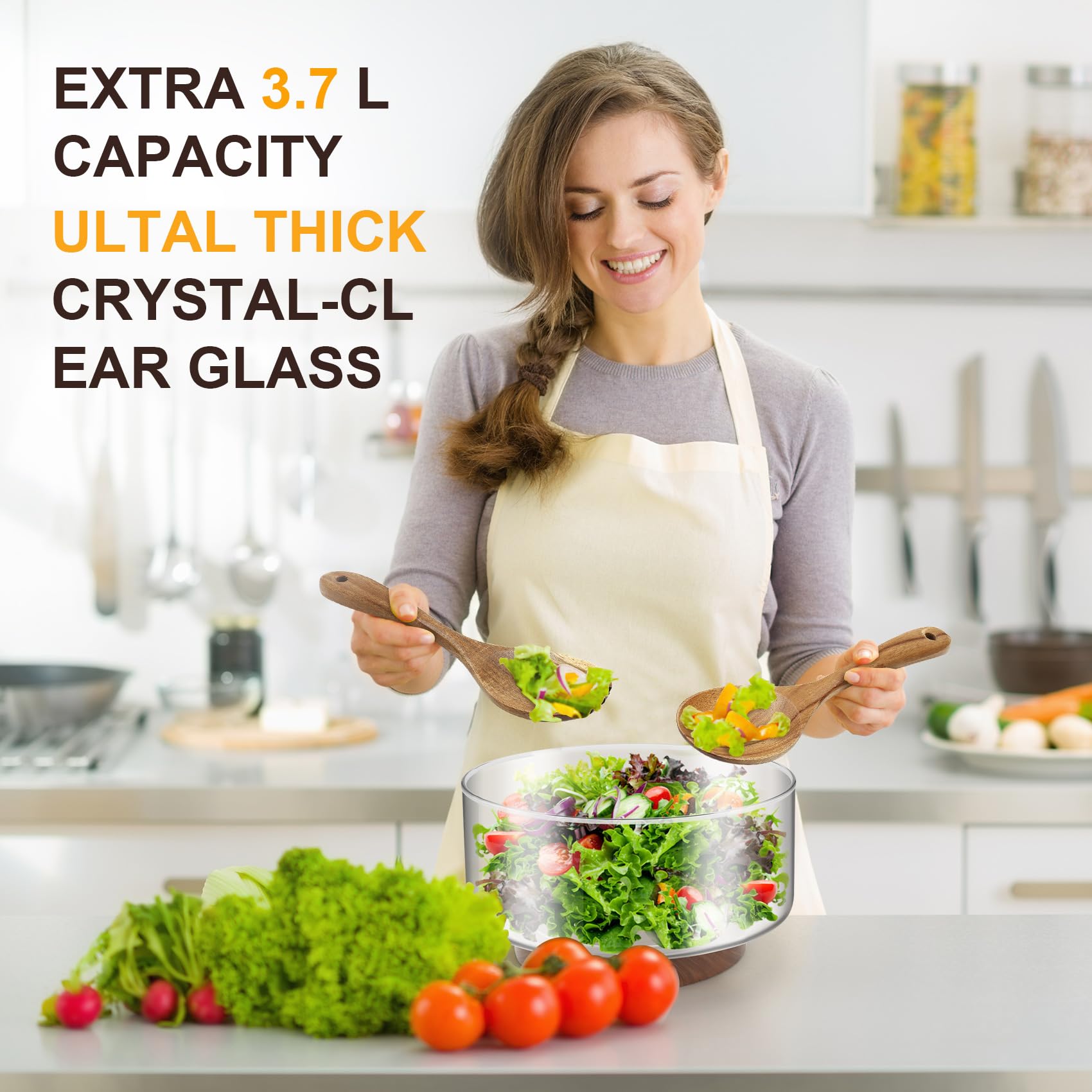 Cuenco grande de cristal de 3700 ml con pinzas de ensalada de madera, diseño de estabilidad mejorada, cuenco versátil para ensaladas, frutas, ideal para reuniones y comidas familiares diarias