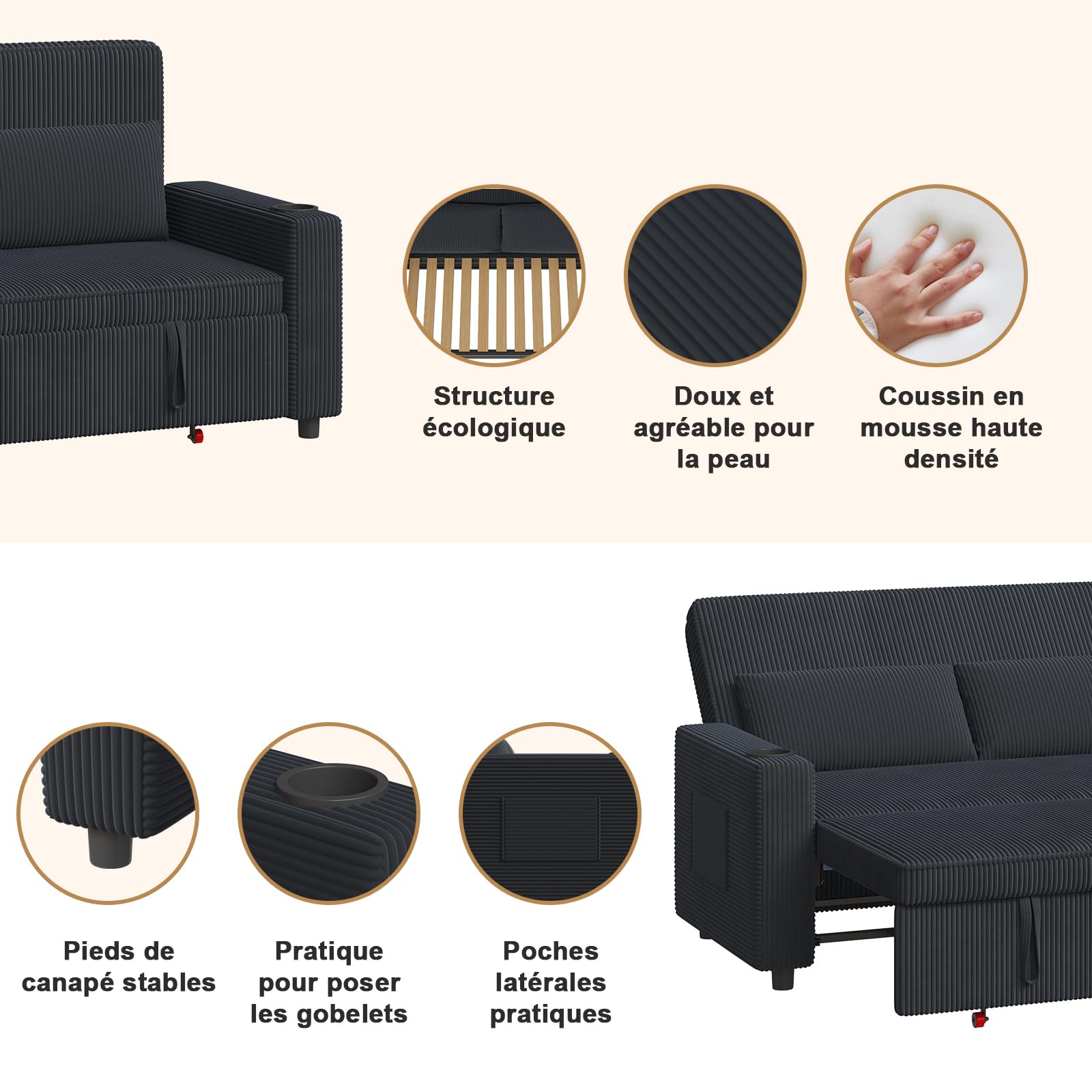 JUMMICO Canapé Convertible 2 Places Tissu côtelé, Dossier réglable, Causeuse Moderne 75×160×93 cm, Structure Solide 150 kg pour intérieur Contemporain,Couleur Bleu-Noir
