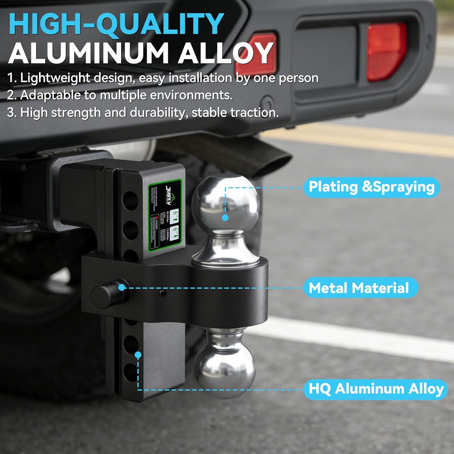 Just-V Drop Hitch - Aluminum 2 Inch Hitch, Adjustable Trailer Hitch for 2" Receiver, 21500 LBS GTW, Heavy Duty Tow Hitch with 6" Drop/Rise Dual Balls (2" & 2-5/16") for Truck Black