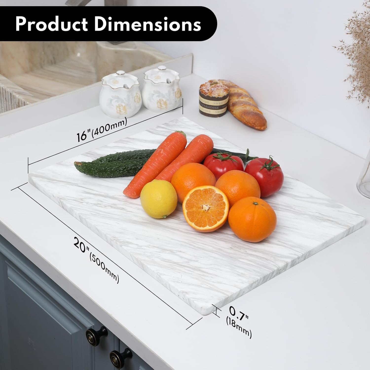 lovdeco large marble cutting board 16"x20", 100% natural marble, heavy duty, volakas white, polished surface for pastry, cheese, serving & kitchen countertop – white with brown veining volakas white 20"l x 16"w
