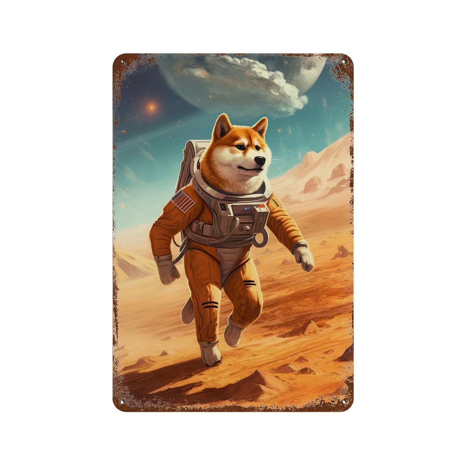 Rust Effect Shiba Inu Mars Retro Metal Sign 11.8"x7.9", Classic Wall Plaque for Cafe, Home Bar And Lounge Decor