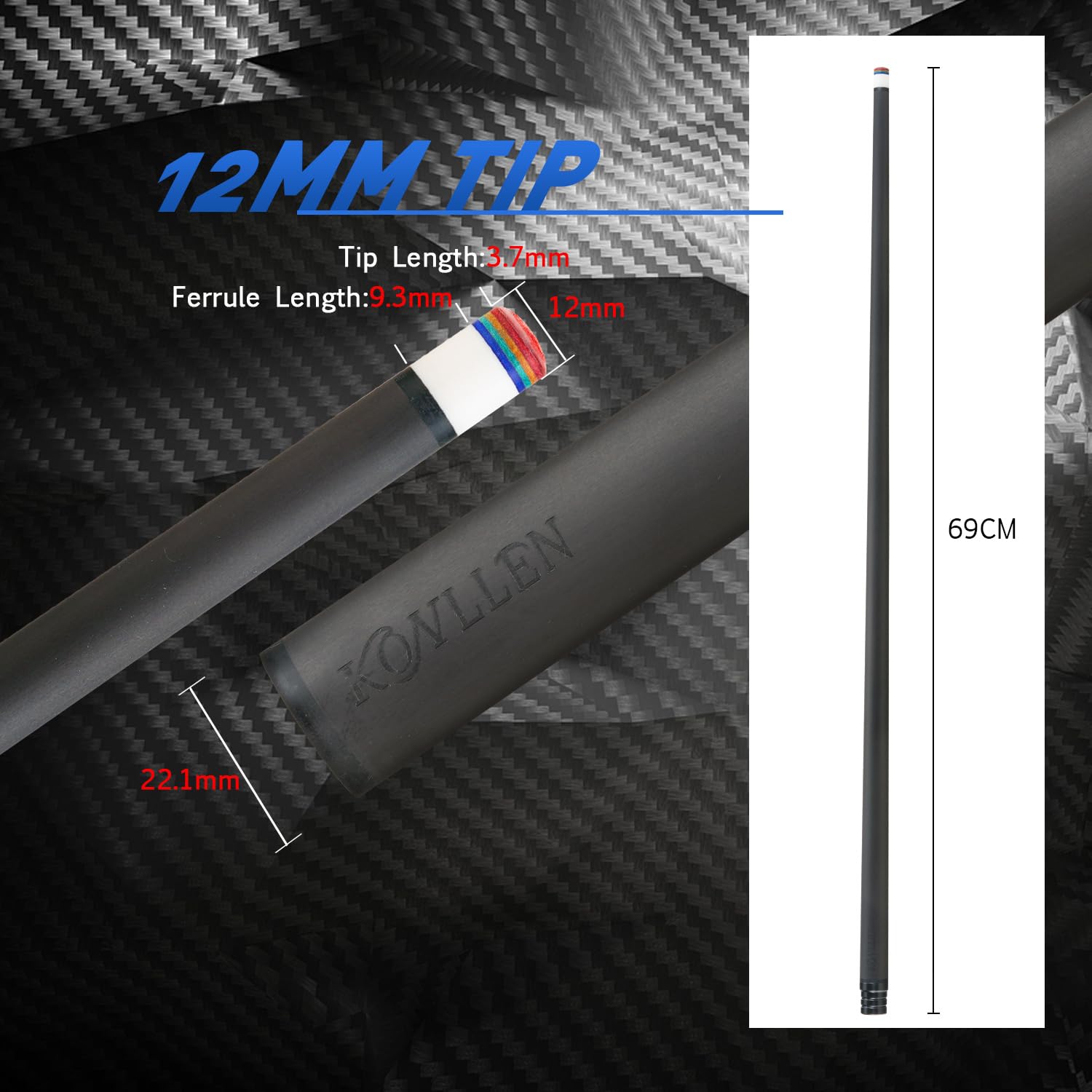 KONLLEN Stecca Singola Per Karambola In Fibra Di Carbonio – Punta 12mm, Giunto Uni-Loc Radiale 3/8x8, Lunghezza 69cm, Peso 4.2oz