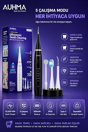 Vothoon Ultrasonic Şarjlı Elektrikli Akıllı Diş Temizleme Cihazı Beyazlatıcı 5 Mod 3+1 Başlık, IPX8 Su Geçirmez Siyah