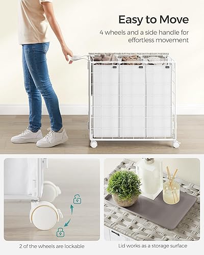 Miniatura 5 de SONGMICS Cesta de lavandería, Cesta de lavandería de 130 L con tapa, Cesta de ropa con ruedas, Bolsa de revestimiento extraíble plegable,