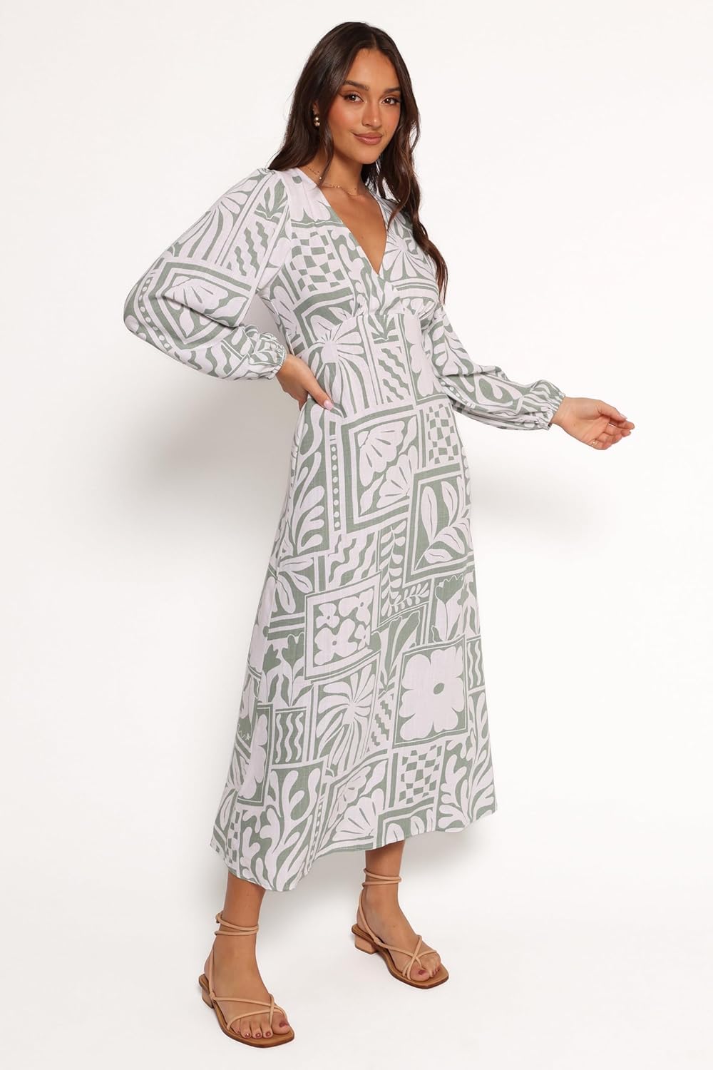 Petal & Pup Women's Kolby Long Sleeve Midi Dress Sage Print