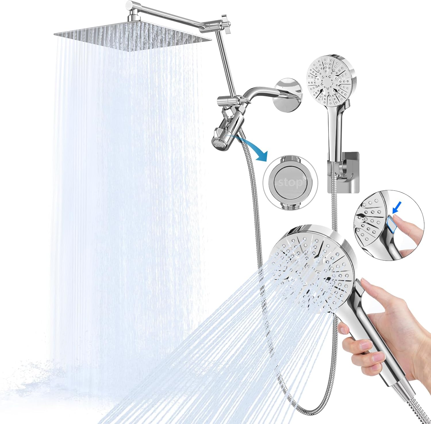 10-Inch Rain Shower Head with Handheld Spray Combo-6-Function Handheld Shower Head-3-way diverter comes with a pause setting-16-Inch Adjustable Extension Arm-59-inch stainless steel shower hose