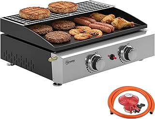 Plancha de parrilla Outsunny de 2 quemadores, plancha de gas portátil con rejilla calentadora, 5 kW, barbacoa de gas de mesa con recipiente para grasa para acampadas, picnics y patios, color negro.