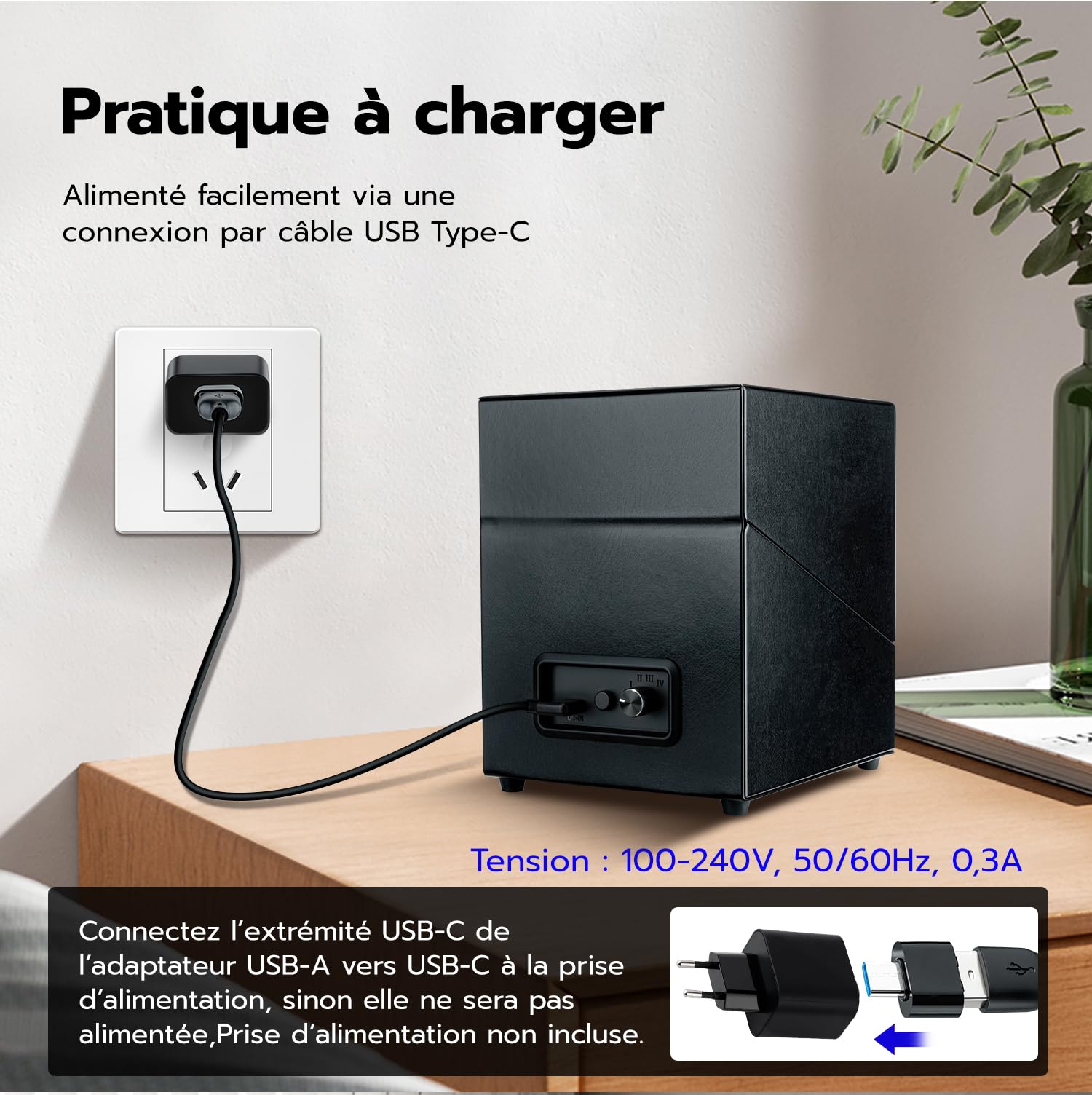 Mcbazel Double Remontoir de Montre, Boîte à Montre à Double Position en Cuir PU, 5 Modes de Rotation Automatique, Boîte de Rangement avec Chargement USB et Lumière LED Bleue – Noire