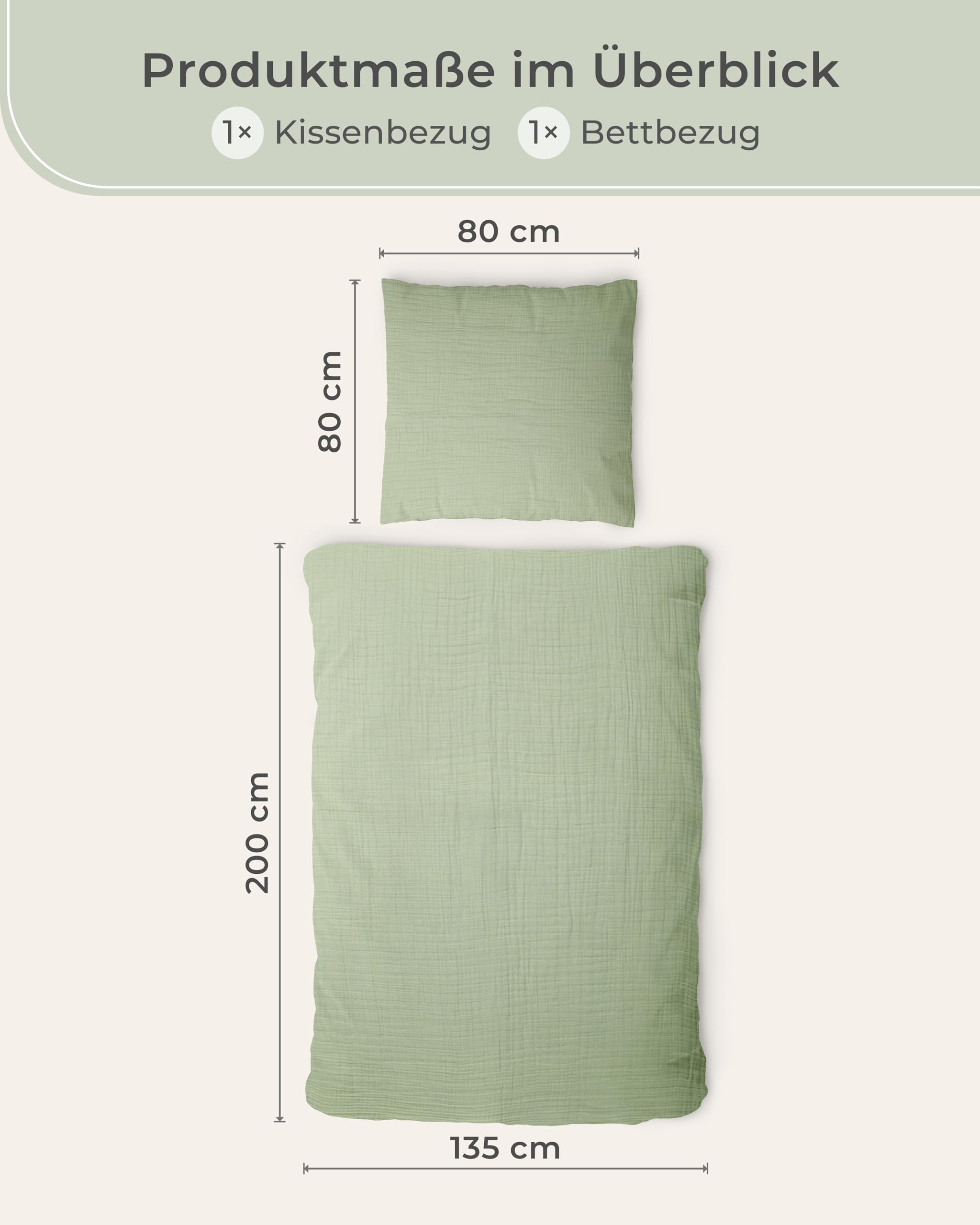LAYNENBURG Pościel z muślinu 135 x 200 cm + 80 x 80 cm – Öko-Tex – 100% bawełna – oddychająca i nie wymaga prasowania – 2-warstwowy muślin z zamkiem błyskawicznym i taśmami mocującymi (szałwiowa