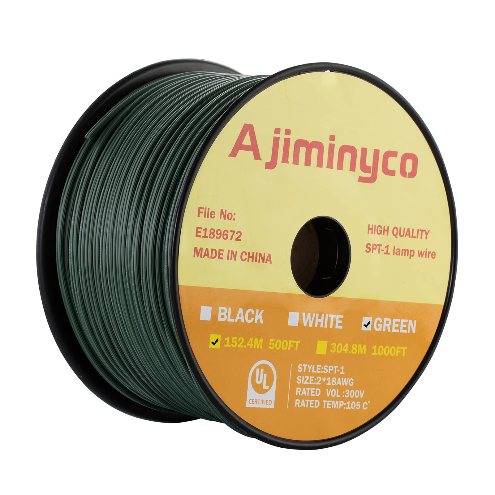 Ajiminyco 500‘ roll SPT-1 18/2 Zip Cord Electrical Wire UL List,18AWG Extension Christmas Lamp Cord (Green)