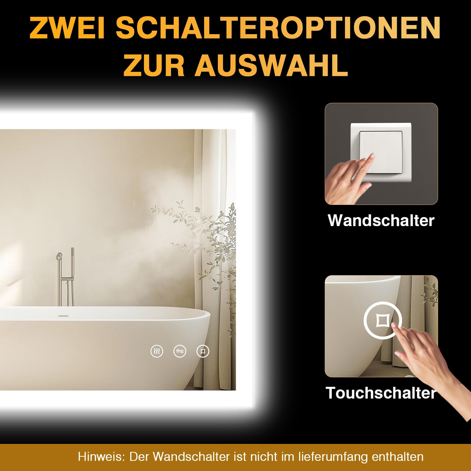 LED Badspiegel mit Beleuchtung 3 Farbtemperaturen, Dimmbar, Anti-Beschlag-Funktion, Wandspiegel Badezimmerspiegel mit Memory-Funktion, Touch-Schalter, Explosionsgeschütztes Glas, 60x80cm