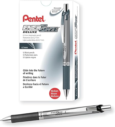 Pentel EnerGize - Portaminas (0.028 in), detalles negros, caja de 12 (PL77A)