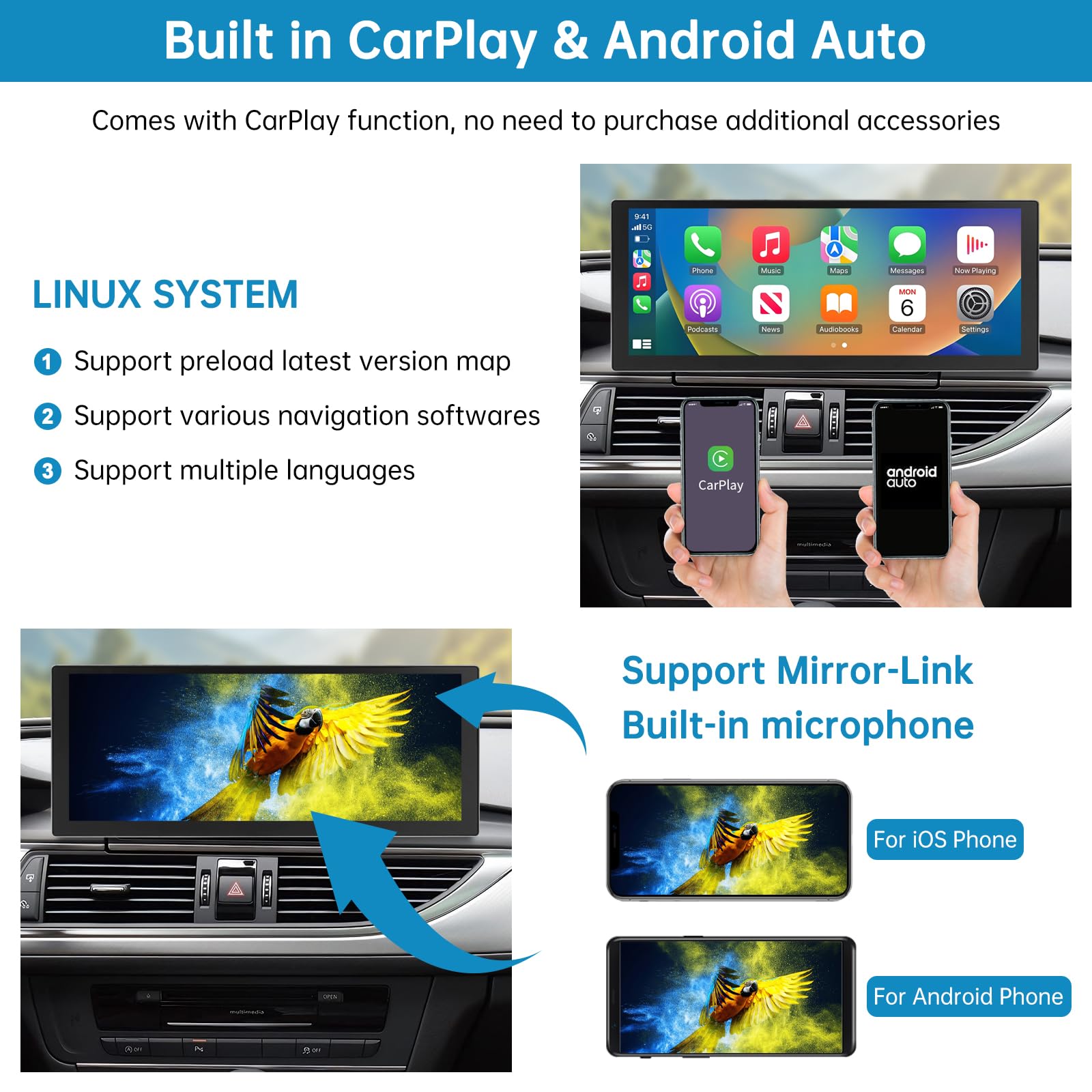 Radio samochodowe 10,25 cala, CarPlay/Android Auto/Mirrorlink/nawigacja do Audi A6 z lat 2016-2018 z systemem MIB, ulepszony ekran dotykowy